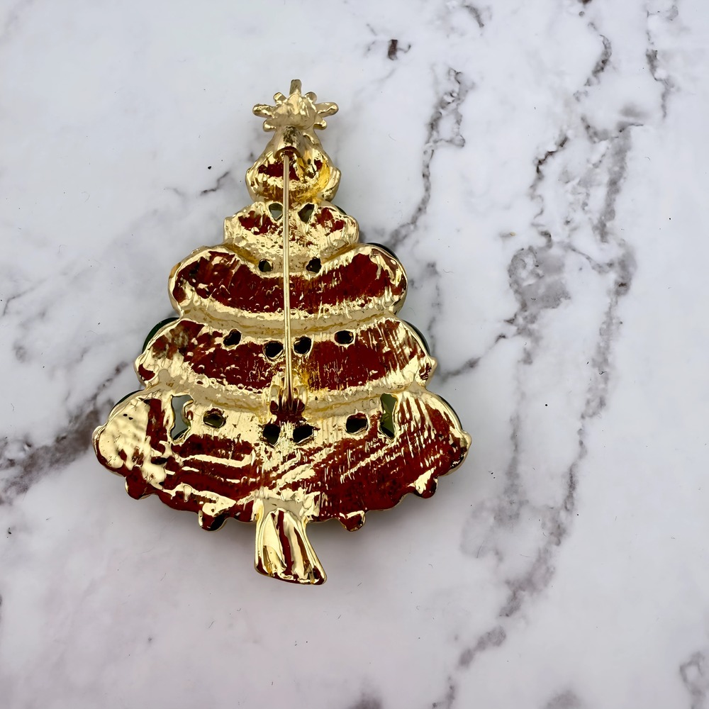 Christmas Tree Brooch Gold Tone Green Glass Rhinestone - Picture 2 of 2